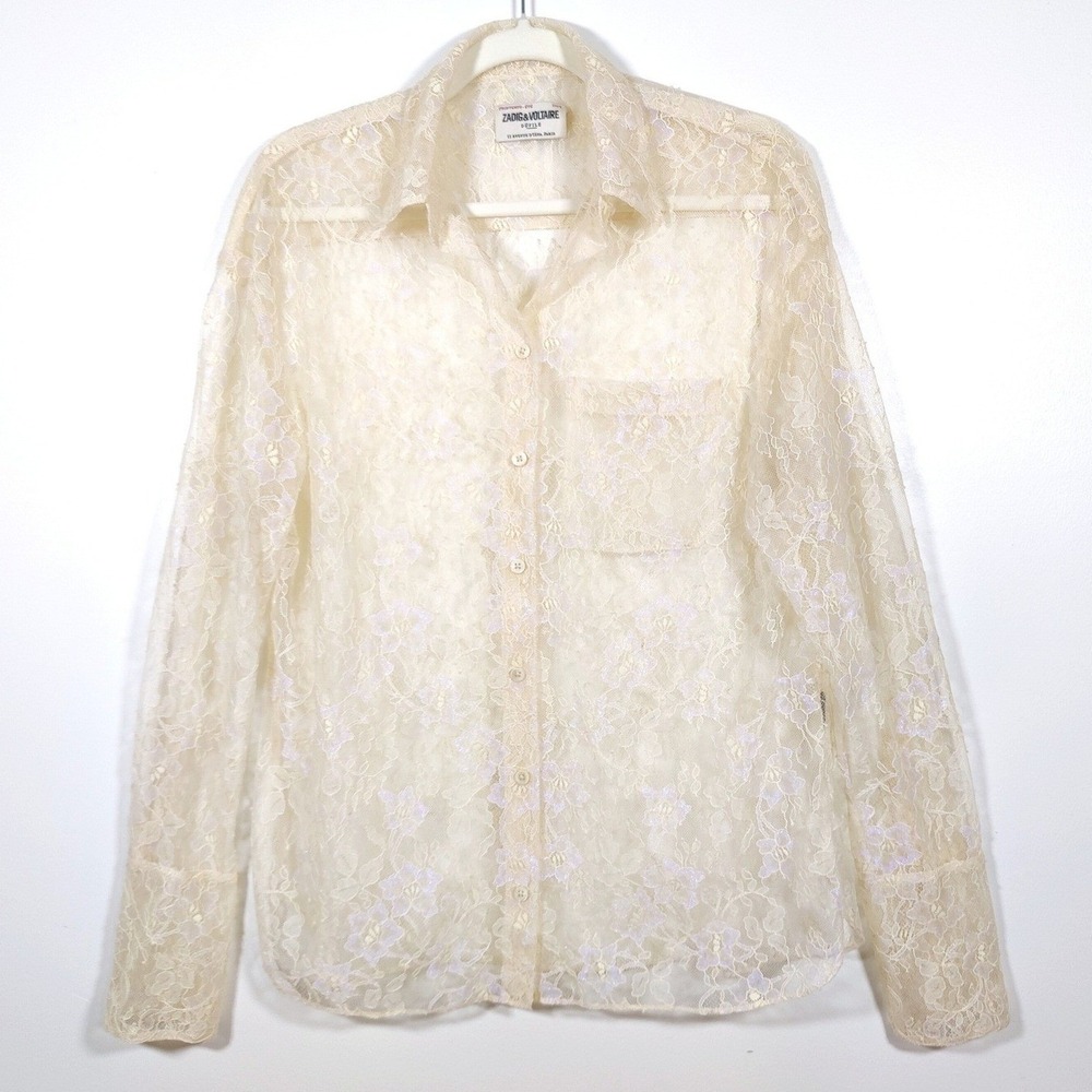 Zadig & Voltaire Defile Ivory Floral Lace Button Down Shirt Blouse Spring 2024